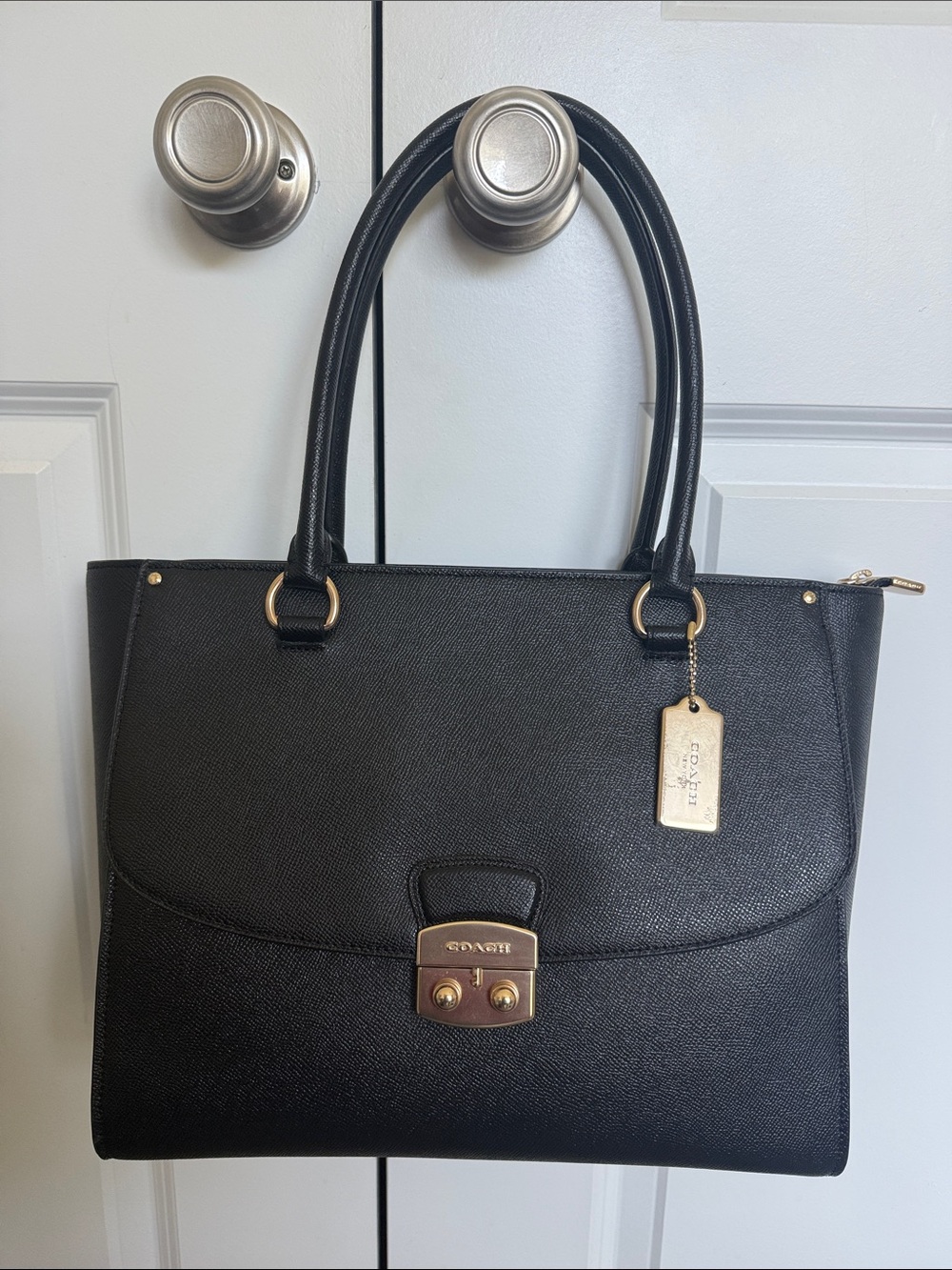 Coach Black Leather Shoulder Tote with Gold Hardware